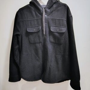 prAna Black BOLSTER HOODED FLANNEL JACKET, Full Snap Wool Blend Men’s Large